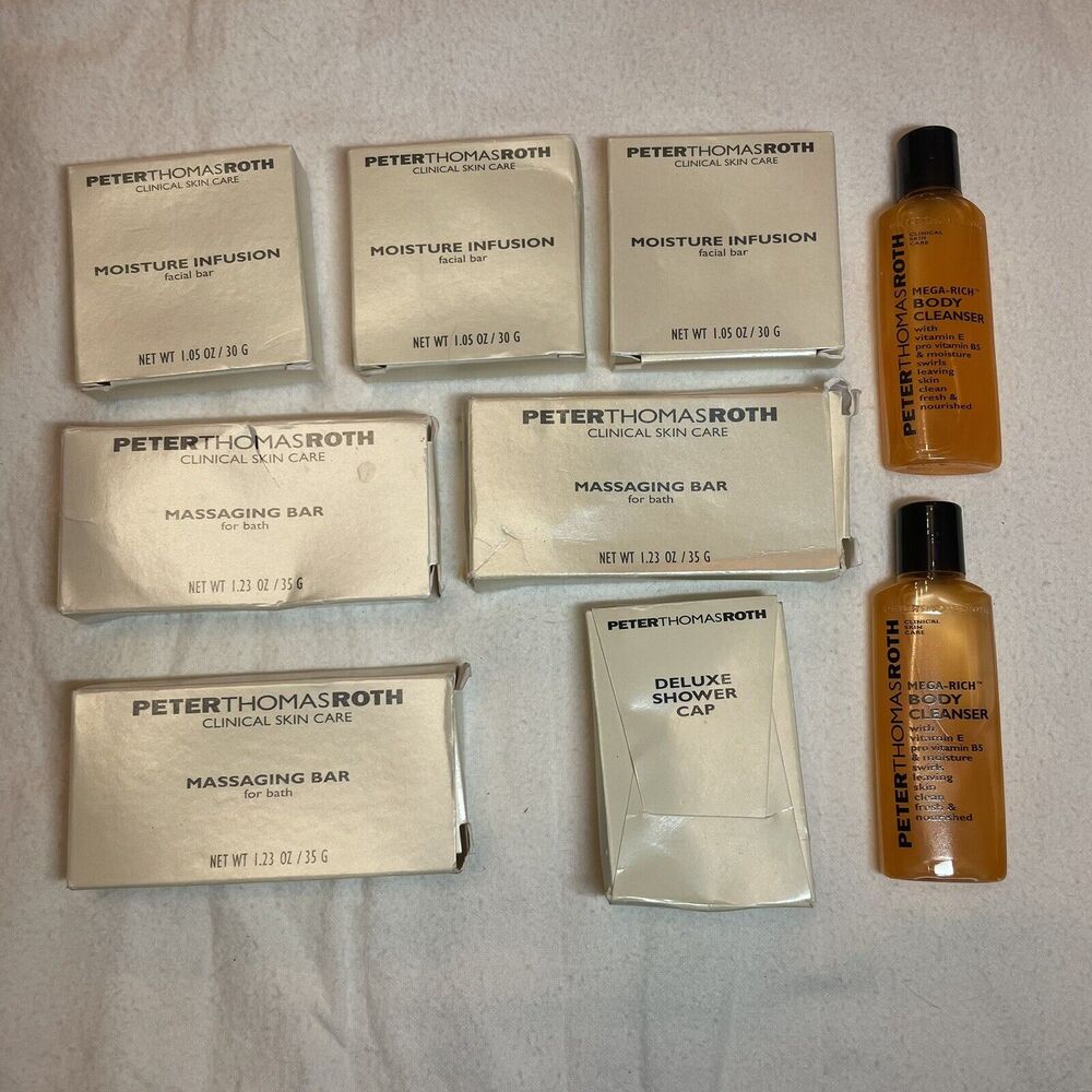 Peter Thomas Roth 9pc Travel Size Set Bundle New Soaps & Shower Cap